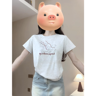 显瘦T恤女 大码 胖MM复古风字母小狗印花圆领正肩上衣夏季 新款 修身