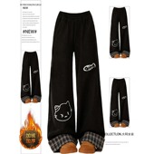 女秋冬学院风显瘦加绒加厚绝美裤 大码 胖mm可爱卡通印花阔腿卫裤 子