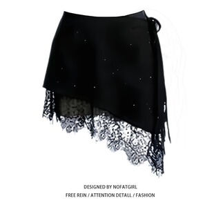 大码胖MM黑色蕾丝拼接系带不规则短裙女春季假两件设计感半身裙子
