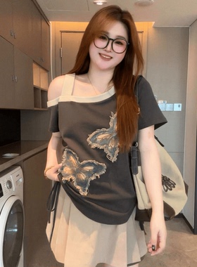 大码胖mm美式复古露肩短袖T恤女夏季宽松设计感高腰半身裙两件套