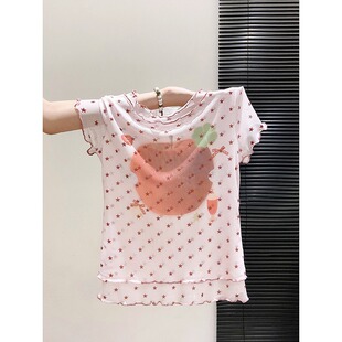 大码胖mm甜辣风波点印花短袖t恤女夏季网纱显瘦绝美减龄正肩上衣