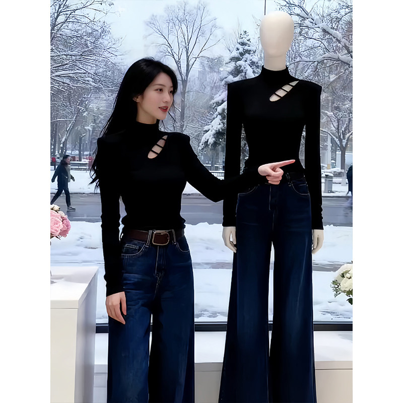 大码胖mm韩系半高领镂空加绒磨毛长袖T恤女秋冬修身显瘦打底上衣,女装/女士精品,大码内搭,淘宝优惠券,粉丝福利购,淘宝优惠卷