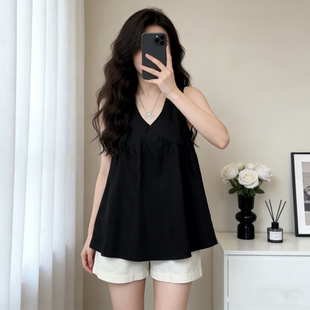 宽松遮肚子无袖 大码 新款 黑色v领吊带背心2026春夏季 上衣 胖mm女装