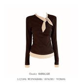 撞色T恤秋冬百搭显瘦上衣女装 大码 胖妹妹韩系气质蝴蝶结显瘦修身