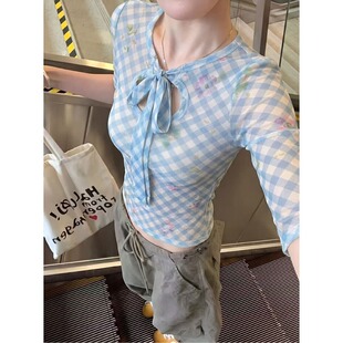 大码胖mm复古风圆领绑带假两件t恤女夏季辣妹风蓝色格纹印花上衣