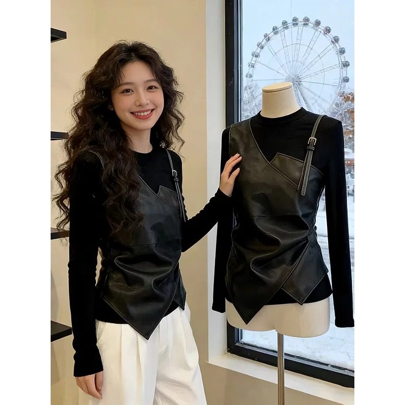 大码黑色拼皮设计感假两件长袖t恤女2026新款胖mm显瘦不规则上衣