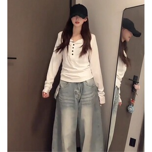 大码胖MM休闲纽扣亨利领长袖T恤女秋装韩版洋气百搭感打底衫上衣