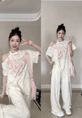 不规则露肩圆领甜美甜酷上衣ins