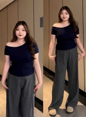 大码胖mm纯欲风斜领短袖t恤女夏季辣妹设计感修身显瘦露肩上衣潮