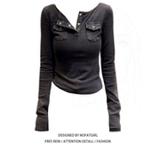 设计感口袋打底衫 大码 上衣 T恤女秋新款 修身 胖mm美式 简约风V领长袖