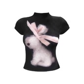 大码 上衣女 辣妹显瘦修身 胖mm纯欲风丝带兔子印花褶皱短袖 T恤美式