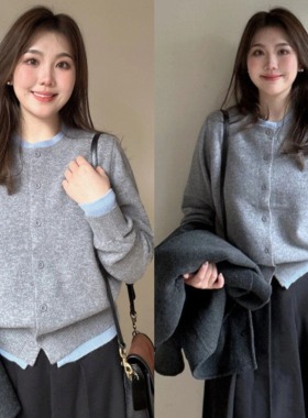 大码胖mm灰色软糯针织衫女秋季高级感气质百搭开衫加黑裙两件套装