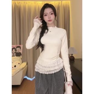 修身 大码 内搭打底衫 t恤女秋冬新款 上衣 微胖mm蕾丝拼接半高领长袖