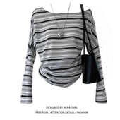 胖MM韩系条纹一字肩长袖 T恤女秋季 新款 大码 设计感修身 显瘦上衣潮