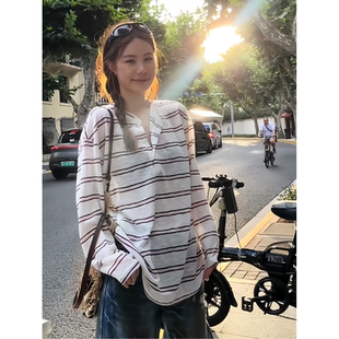 上衣半开领休闲宽松遮肉显瘦长袖 大码 松弛感薄款 胖mm夏季 T恤 新款