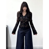 大码 内搭上衣 胖mm显瘦气质v领打底衫 简约加绒蕾丝长袖 T恤女秋冬季