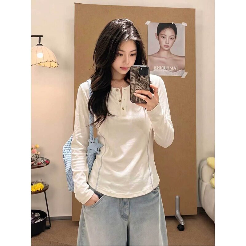 大码胖MM韩系修身亨利领长袖T恤女2026秋季简约百搭时尚绝美上衣