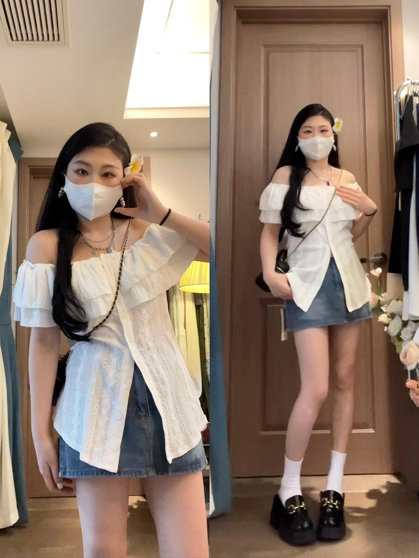 法式辣妹一字肩短袖衬衫女设计感