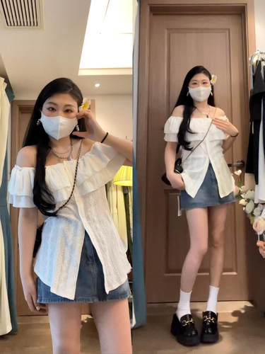 法式辣妹一字肩短袖衬衫女设计感