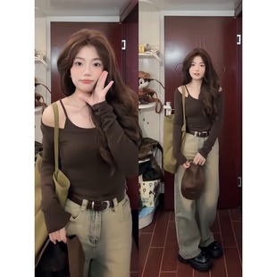 潮 大码 胖mm美拉德咖色假两件上衣女秋季 纯欲辣妹风修身 显瘦打底衫