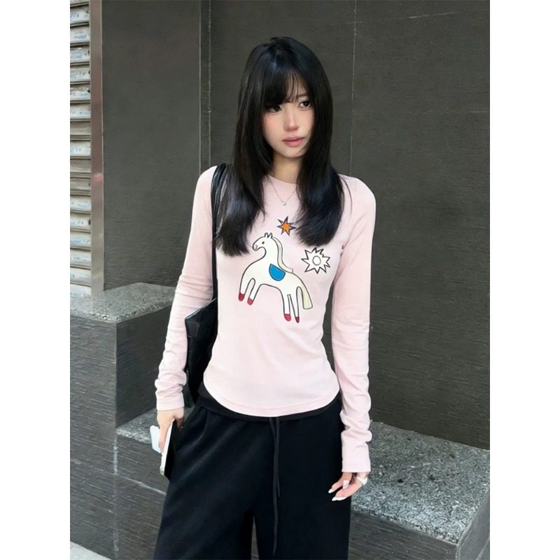 大码美式粉色圆领长袖t恤女早春小马印花内搭打底衫显瘦百搭上衣,女装/女士精品,大码内搭,淘宝优惠券,粉丝福利购,淘宝优惠卷