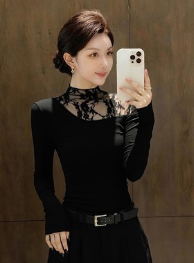 大码纯欲蕾丝拼接打底衫女秋冬内搭加绒磨毛修身黑色长袖t恤上衣