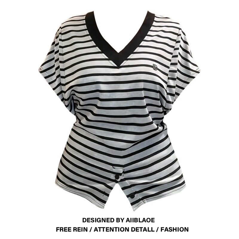 大码胖妹妹韩系慵懒感条纹v领短袖T恤夏季收腰显瘦气质蝙蝠袖上衣