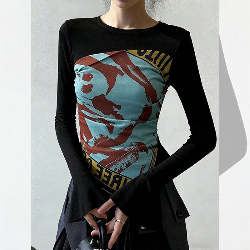 大码胖mm春秋新款别致独特漂亮上衣洋气减龄设计修身显瘦黑色T恤