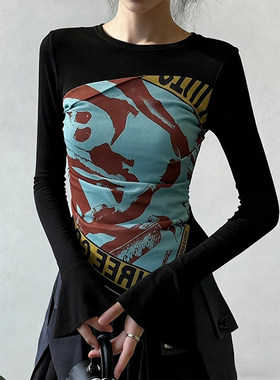 大码胖mm春秋新款别致独特漂亮上衣洋气减龄设计修身显瘦黑色T恤