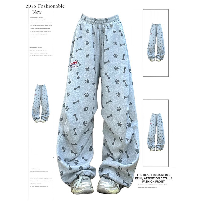 大码复古狗爪骨头满印运动卫裤女宽松加绒垂感时尚阔腿直筒休闲裤