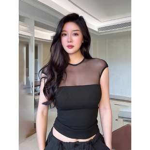 胖mm新款 t恤女2025夏季 气质显瘦网纱设计感上衣 纯欲微透短袖 大码