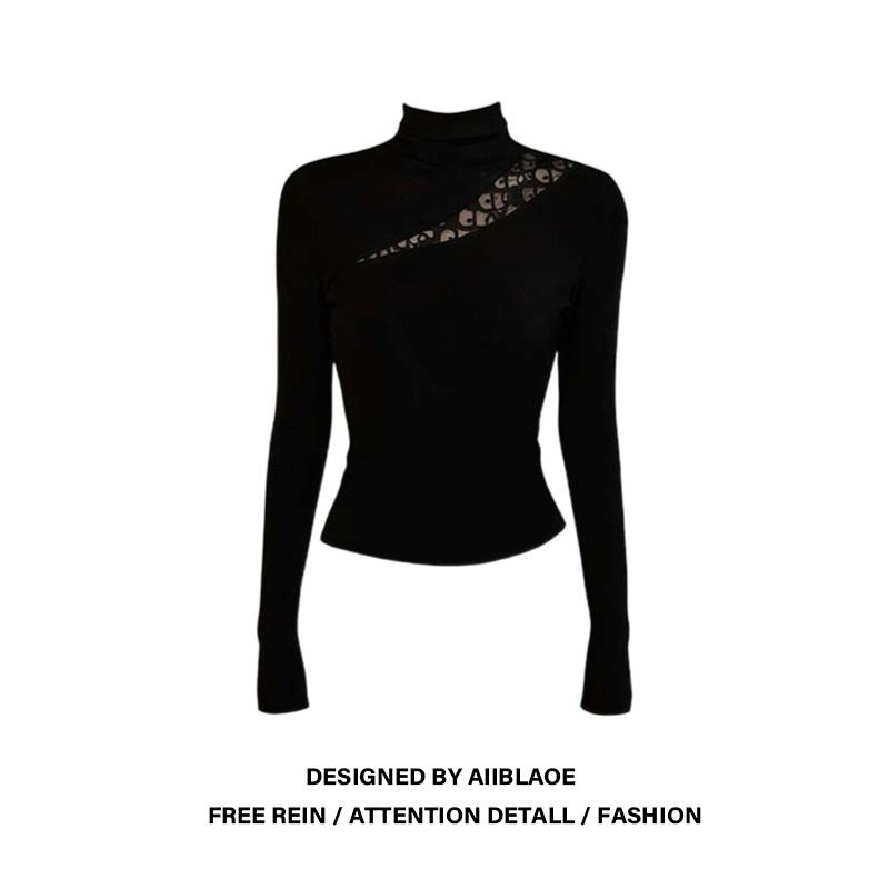大码胖mm黑色镂空高领长袖T恤女冬季新款显瘦气质绝美打底衫上衣