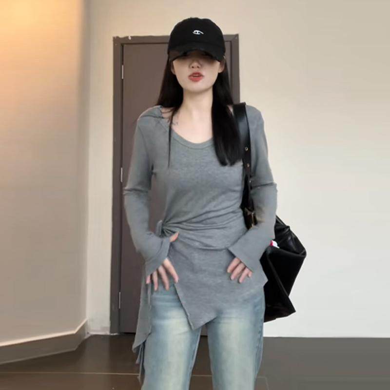大码微胖mm不规则绑带打底衫女春秋内搭显瘦开叉辣妹T恤纯欲上衣,女装/女士精品,大码内搭,淘宝优惠券,粉丝福利购,淘宝优惠卷
