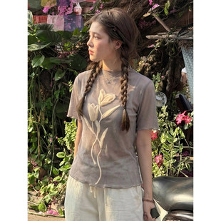 t恤女夏季 修身 立体郁金香网纱拼接显瘦正肩上衣 胖MM复古短袖 大码