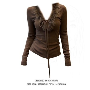 大码胖MM韩系毛毛领系带T恤女春秋季2026新款磨毛显瘦打底衫上衣