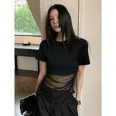 新款 大码 胖MM纯欲辣妹风网纱拼接镂空上衣夏季 百搭收腰显瘦T恤女