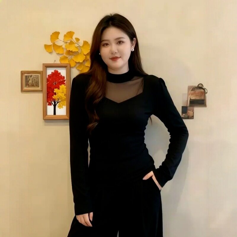 大码性感网纱假两件长袖t恤秋冬胖mm加绒磨毛内搭打底衫气质上衣