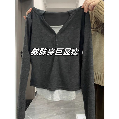 大码假两件正肩长袖t恤女