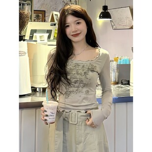 T恤女早秋显瘦气质木耳边打底衫 字母印花长袖 上衣 微胖MM时尚 大码