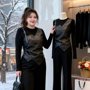 大码胖mm黑色假两件掐腰长袖T恤女早春胖mm显瘦修身气质打底上衣