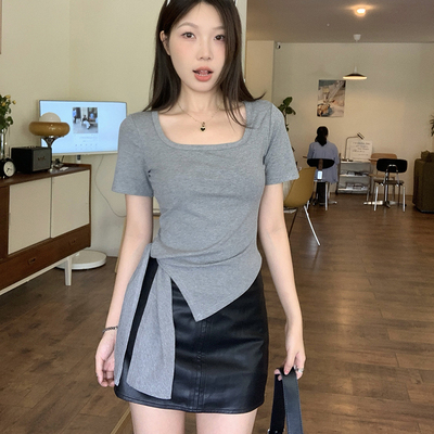 韩版方领短袖T恤女夏季