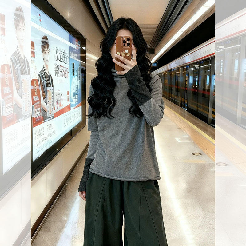 大码胖mm慵懒风高领假两件打底衫长袖t恤女秋冬内搭百搭休闲上衣,女装/女士精品,大码内搭,淘宝优惠券,粉丝福利购,淘宝优惠卷