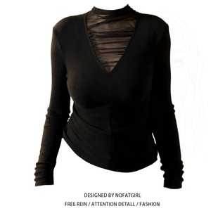 T恤女秋冬季 打底衫 加绒磨毛内搭上衣 胖MM高级感网纱拼接长袖 大码