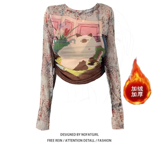 新款 大码 T恤女秋季 复古印花长袖 加绒加厚设计感显瘦上衣 胖MM美式