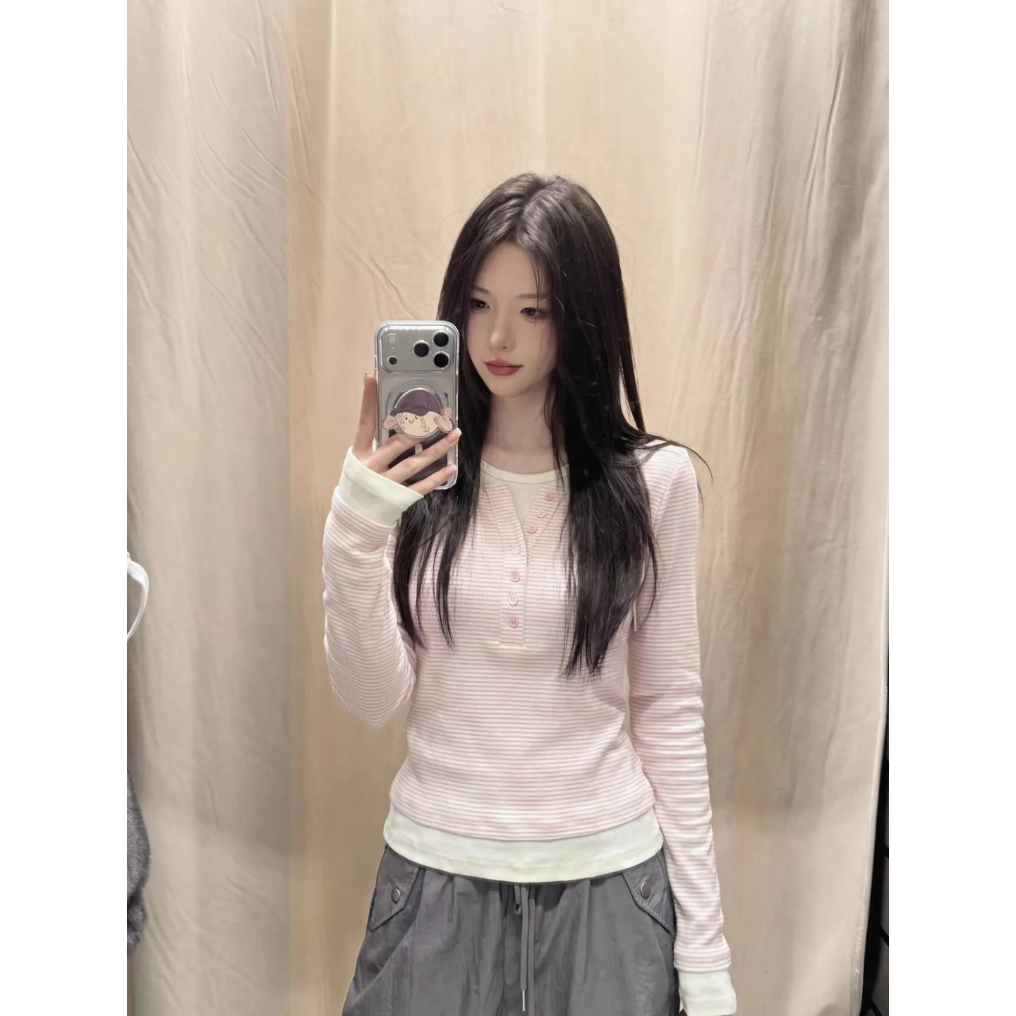 大码胖mm韩系条纹亨利领假两件长袖t恤女秋季修身内搭设计感上衣