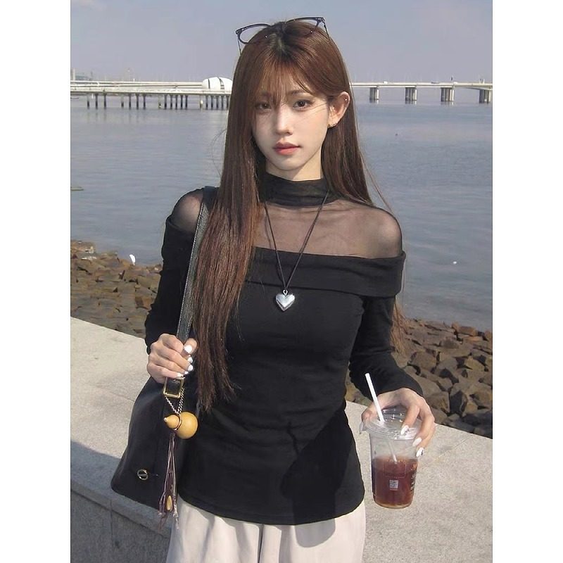 大码黑色半高领网纱拼接长袖t恤女2026款修身显瘦内搭打底衫上衣,女装/女士精品,大码内搭,淘宝优惠券,粉丝福利购,淘宝优惠卷