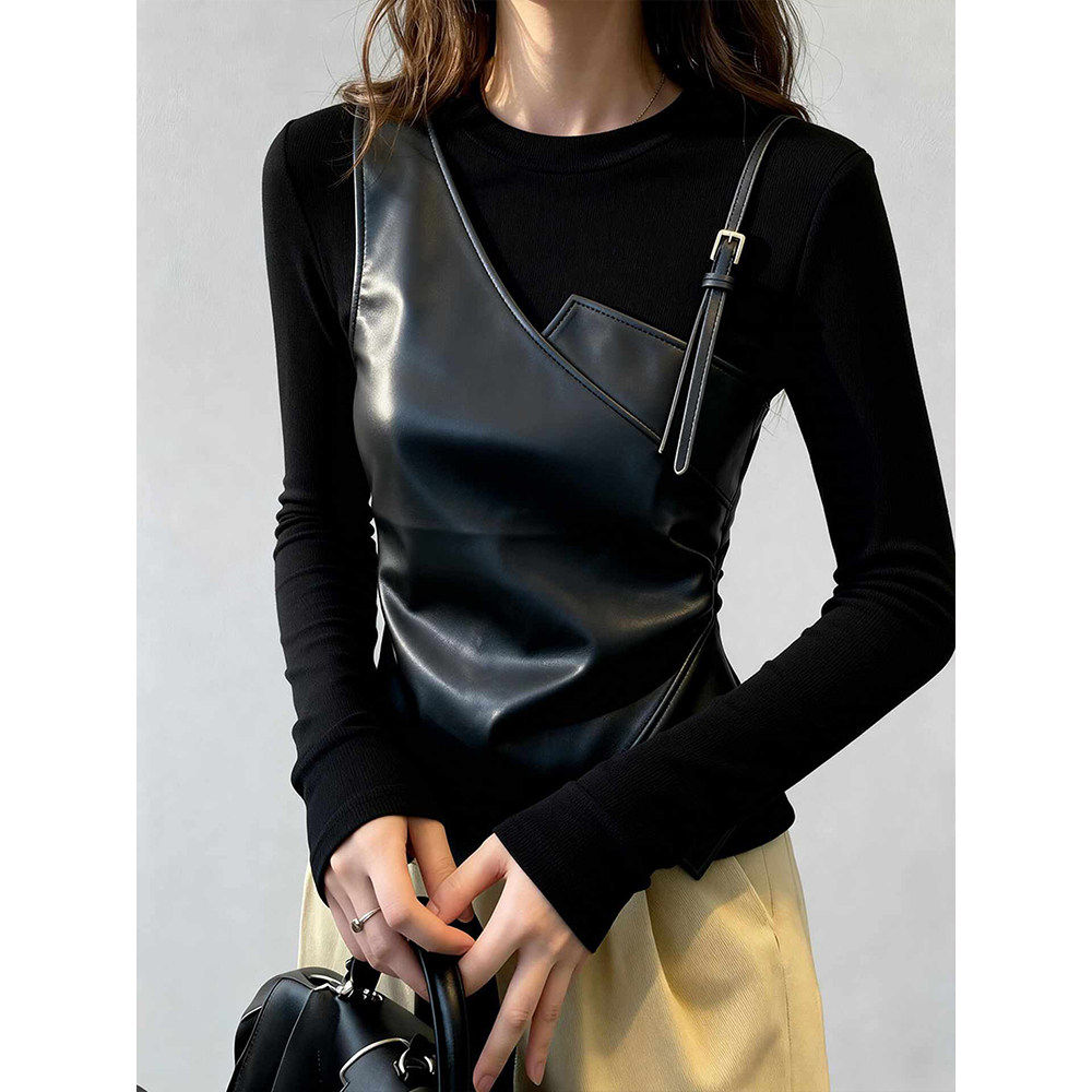 大码胖mm秋冬辣妹假两件拼接皮收腰打底衫女修身显瘦正肩t恤上衣,女装/女士精品,大码内搭,淘宝优惠券,粉丝福利购,淘宝优惠卷