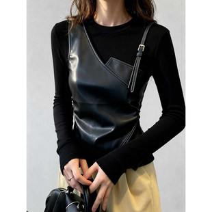 大码胖mm秋冬辣妹假两件拼接皮收腰打底衫女修身显瘦正肩t恤上衣