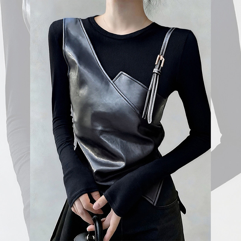大码胖mm黑色pu皮拼接假两件长袖T恤打底衫女秋冬季短款修身上衣