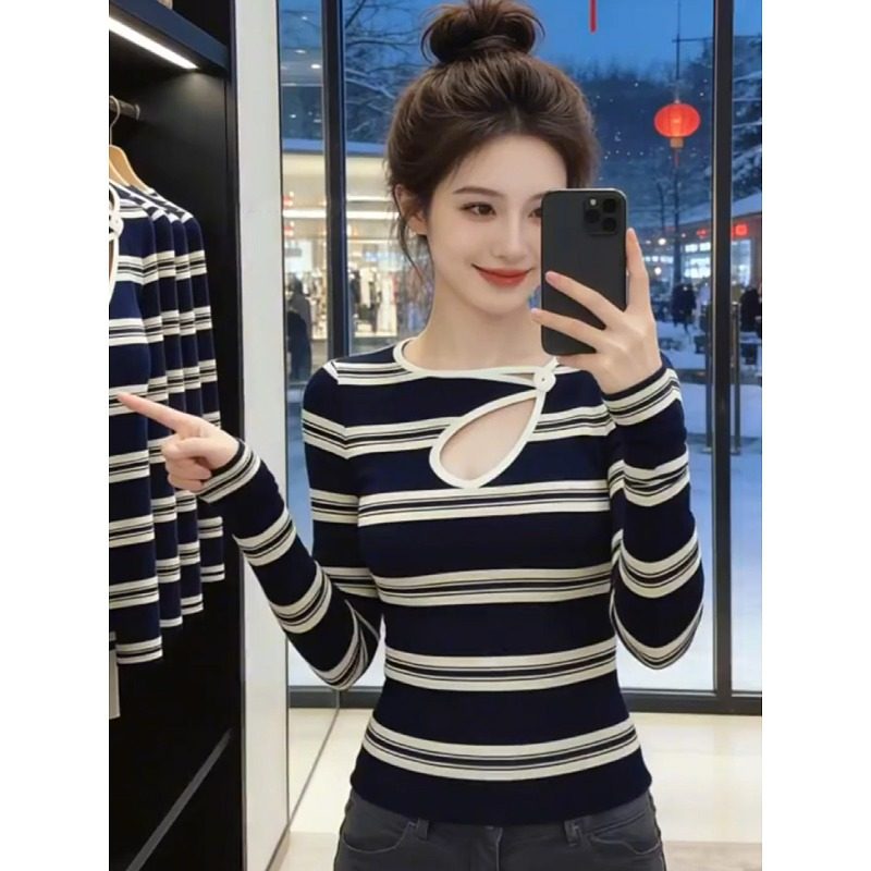 大码微胖MM辣妹风条纹镂空长袖T恤女2026新款修身显瘦内搭打底衫,女装/女士精品,大码内搭,淘宝优惠券,粉丝福利购,淘宝优惠卷